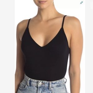 BP Nordstrom V Neck Ribbed Thong Bodysuit Black